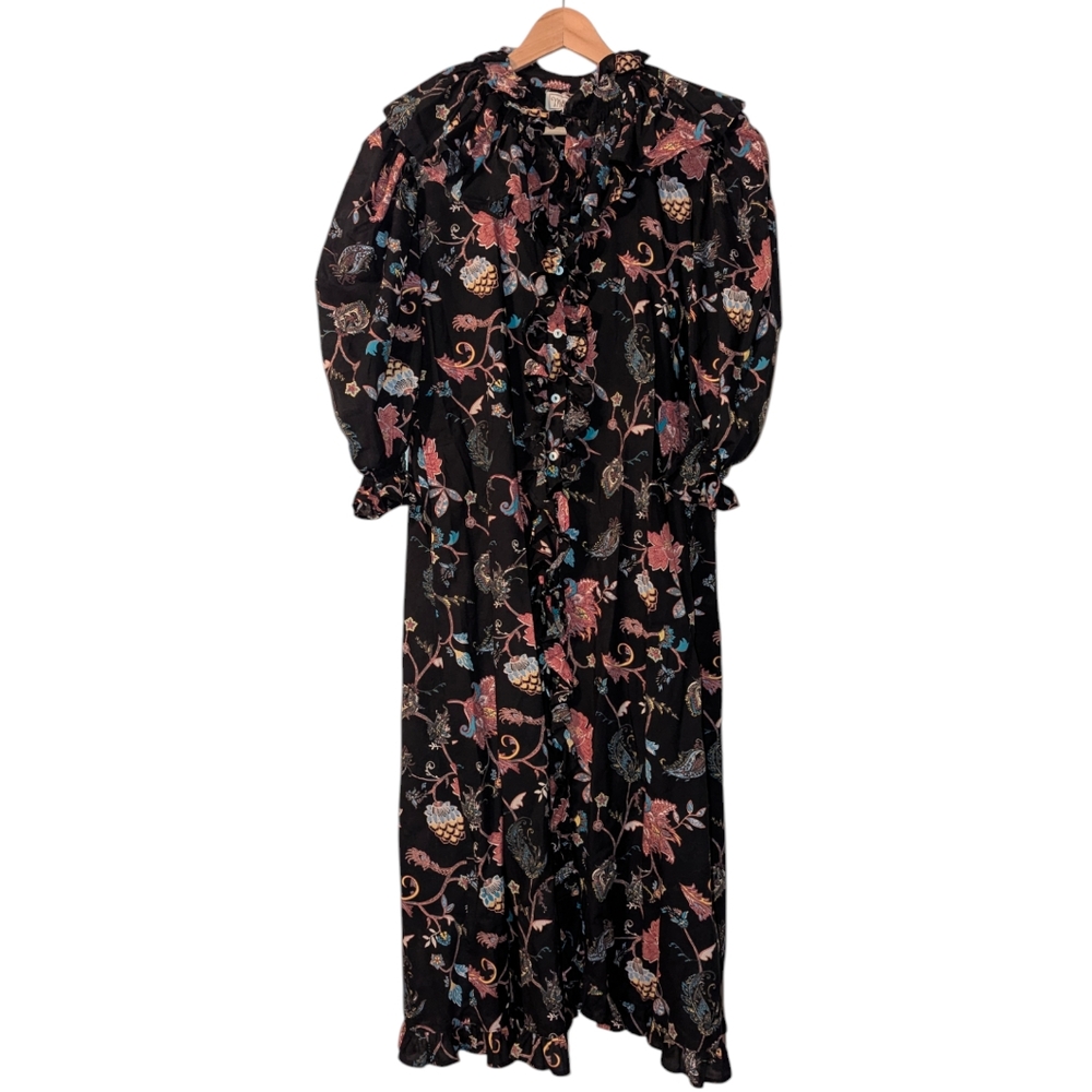 Mille 100% Cotton Floral Puff Sleeve Ruffle Button Down Mock Neck Boho Midi Dres